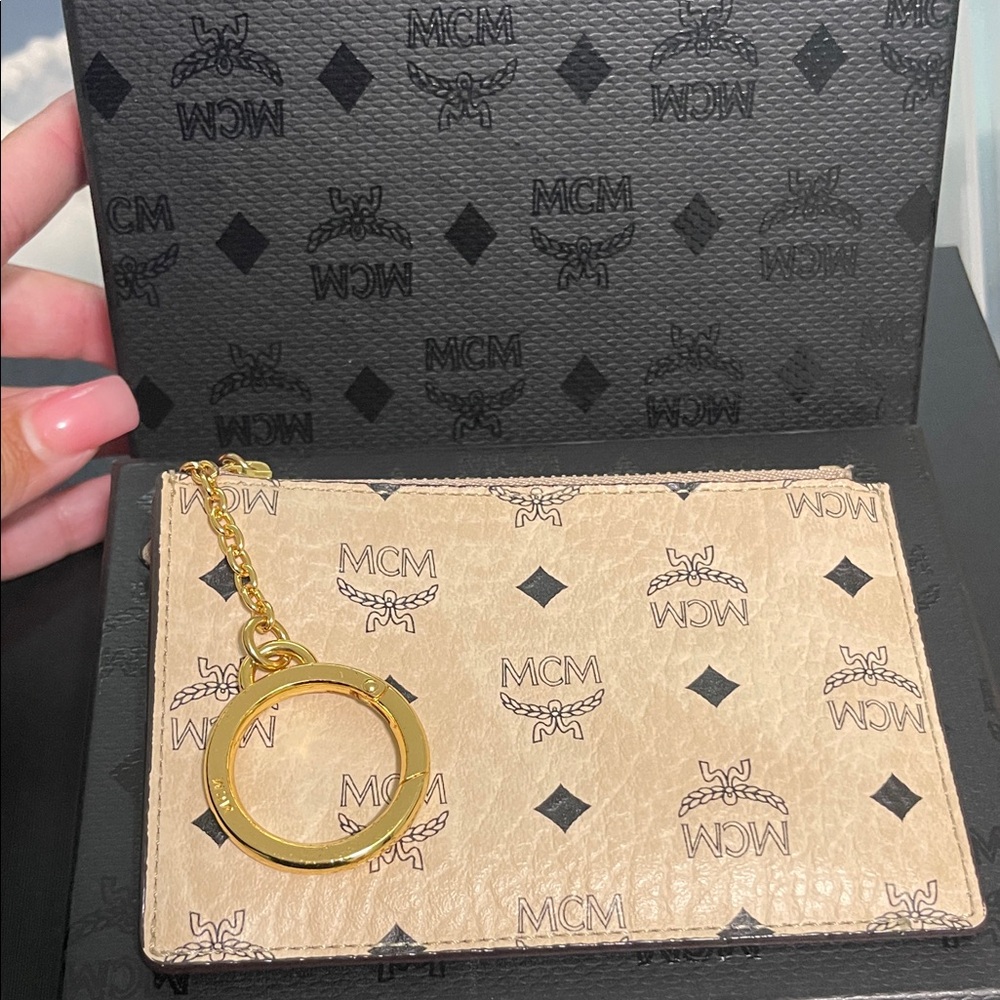MCM Tan Monogram Key Holder with Gold Chain - Picture 2 of 8